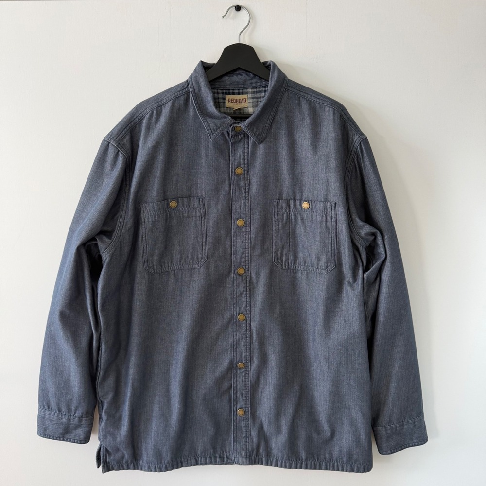Redhead Mens XL Flannel Lined Herringbone Shirt Jacket Blue Snap Front Shacket